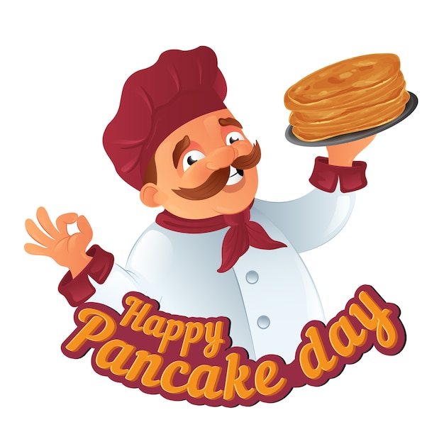 Pancake Day funny illustration with cartoon cooking chef