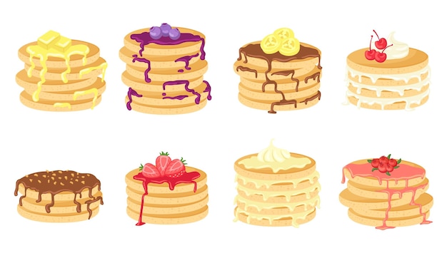 Pancake with toppings Stack pancakes with chocolate honey butter and fresh berries Cute cartoon sweet home breakfast Food with syrup neat vector set