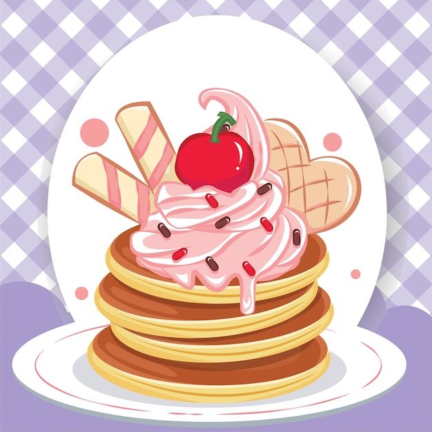 Pancakes stack with cherry and cream on plate and freehand drawn