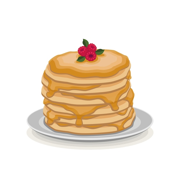 Pancakes with honey and raspberries on a plate on a white background