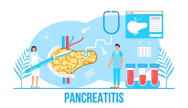 Pancreatitis concept vector Pancreas doctors examine Tiny therapist looks through a magnifying glass at internal organ Health care concept in flat style for landing page website