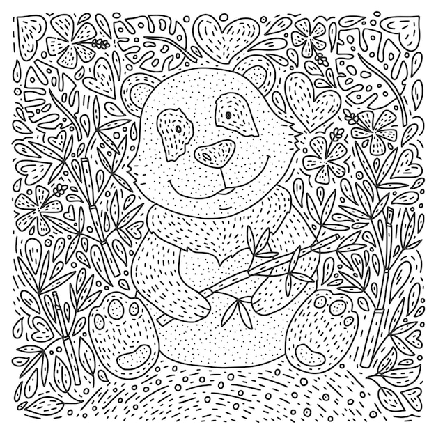 Panda bear Illustration vector with bamboo Hand drawn cartoon card