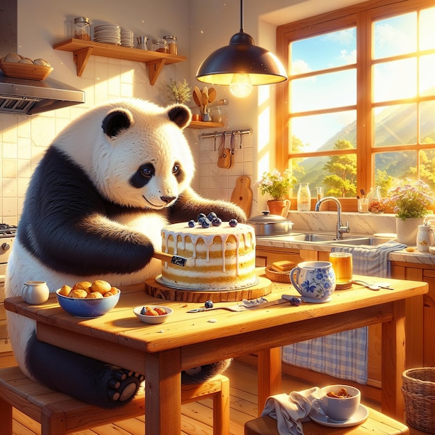 a panda bear is cutting a cake with a cake on it