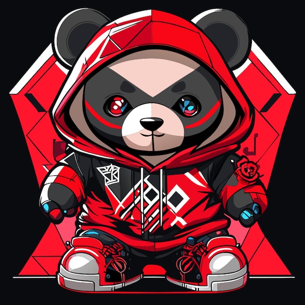 Vector a panda bear wearing a red jacket with a hood that says panda