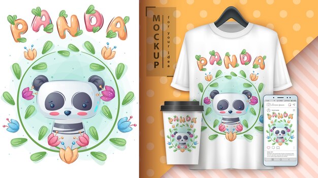 Vector panda in flower. poster and merchandising