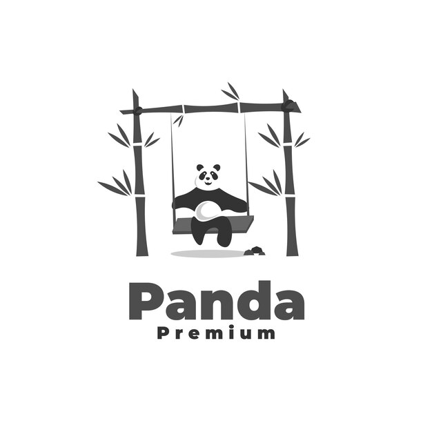 Panda Ride On Bamboo Swing Vector Illustration Logo