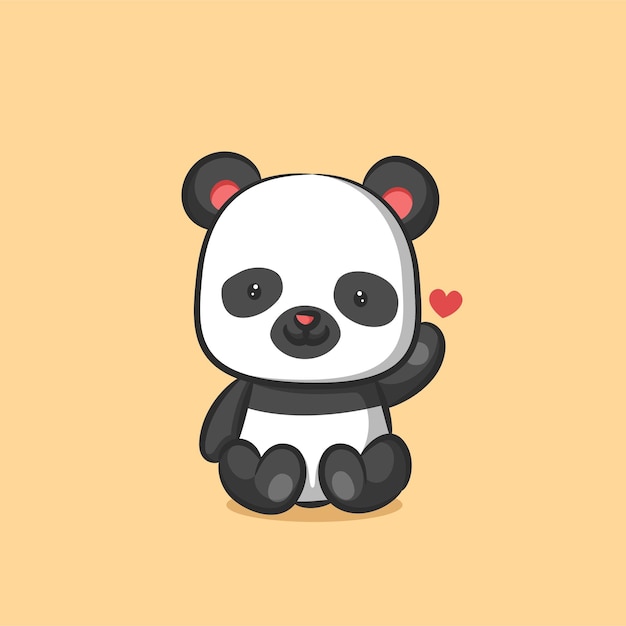 panda sitting and giving love sign with her hand