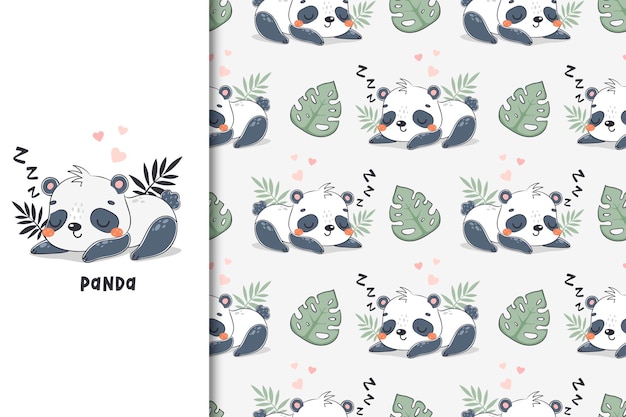 Panda sleep card and seamless pattern