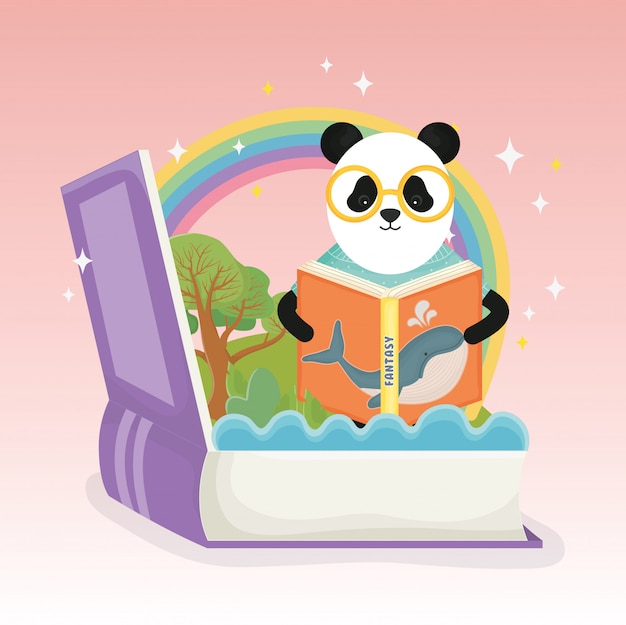 Panda with glasses reading book rainbow fantasy fairy tale