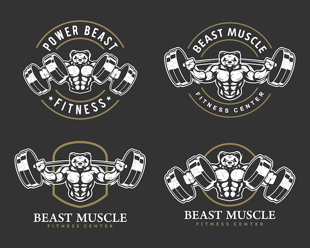 Panda with strong body, fitness club or gym logo set..