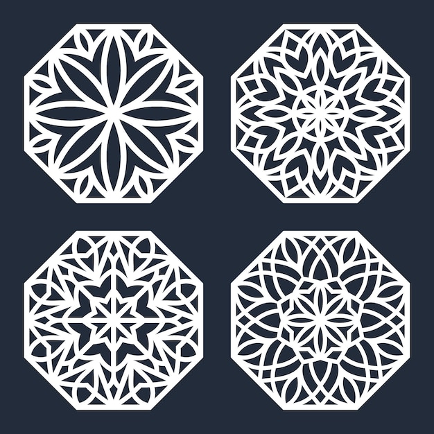 Panels Coasters with swirls pattern, Laser cut template set, vector.