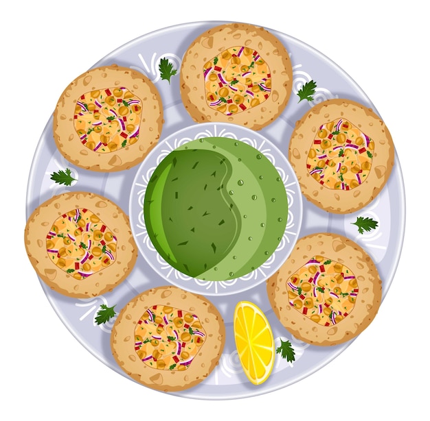 Vector pani puri with green chutney top view illustration