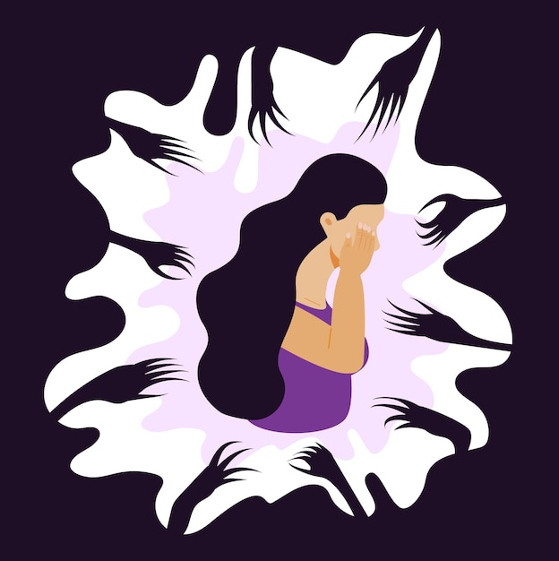 Panic attack of woman concept vector Fear reaches out to a sad crying woman