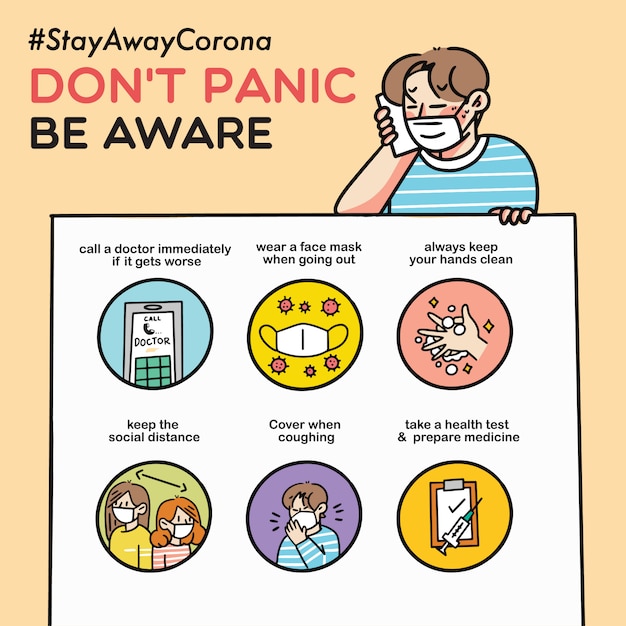 Don't Panic Be Aware of Corona Virus   Simple Doodle Illustration Covid-19 Safety Campaign