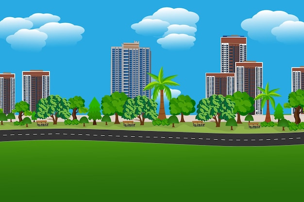 Panorama cityscape with park and trees nature Cartoon Vector Illustrations design with separate layers