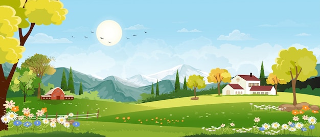 Panorama landscape of spring village with green meadow on hills and blue sky landscape, Panoramic countryside of green field with farmhouse, barn and grass flowers