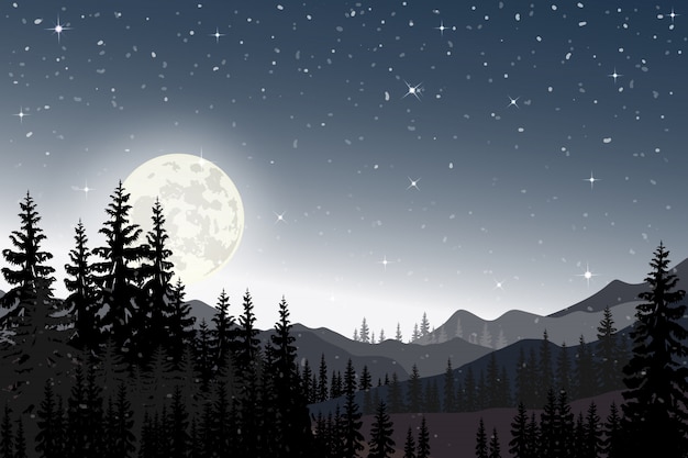 Panorama landscape of starry night with full behind mountain and pine trees