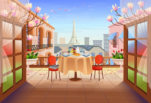 Panorama paris street with open doors, table with chairs, old houses, tower and flowers. Exit to the terrace with city view  illustration of city street in cartoon style.