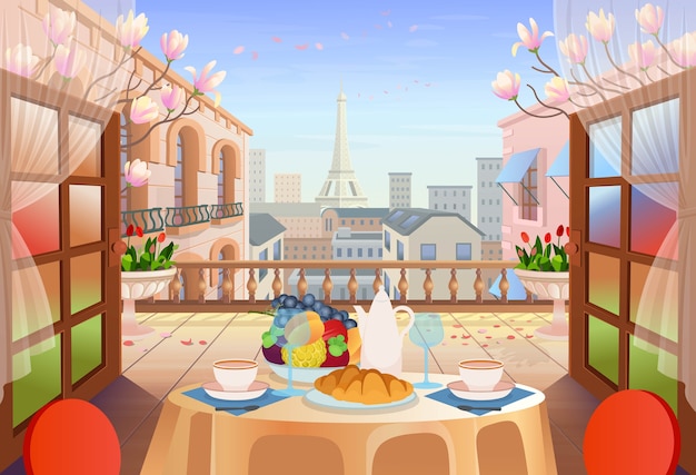 Panorama paris street with open doors, table with chairs, old houses, tower and flowers. Exit to the terrace with city view  illustration of city street .