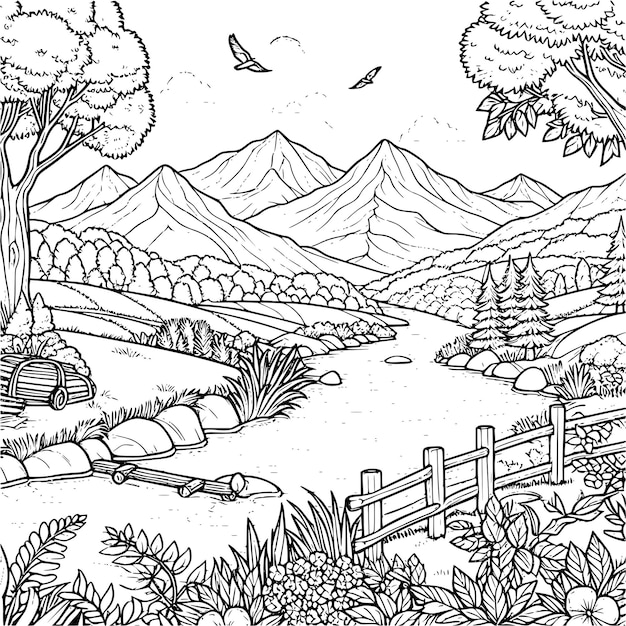 Panorama Scenery Vector for Coloring Book Black and White Illustration