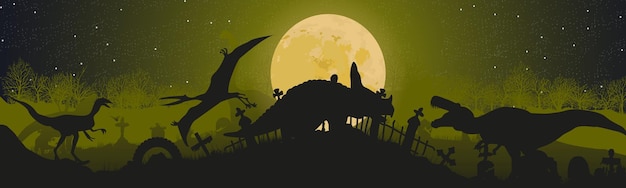 Panorama Silhouette of dinosaurs in the cemetery Monster concept Vector illustration