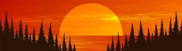 Panorama sun With River on Pine Forest,landscape background.