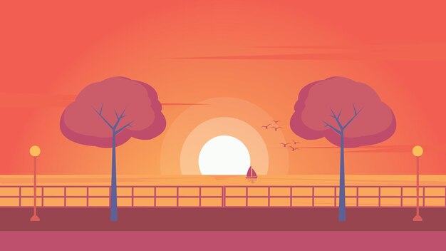 Vector panorama sunset vector illustration background summer time simple illustration