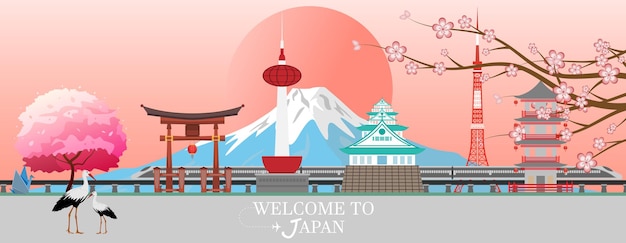 Panorama travel postcard, tour advertising of Japan. Vector illustration.