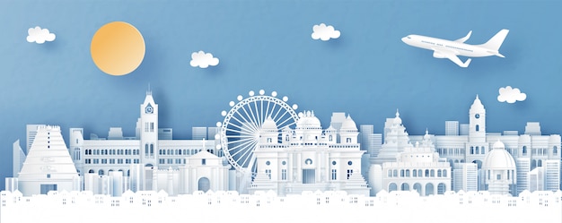 Panorama view of Chennai, India with temple and city skyline with world famous landmarks in paper cut style illustration