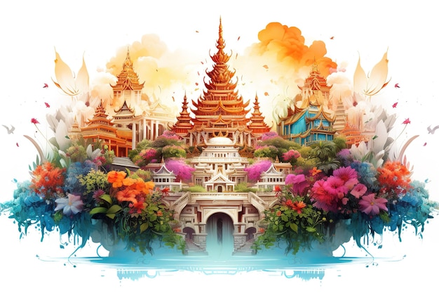 Vector panorama view famous landmarks bangkok and chiang mai in thailand watercolor painting landscape of