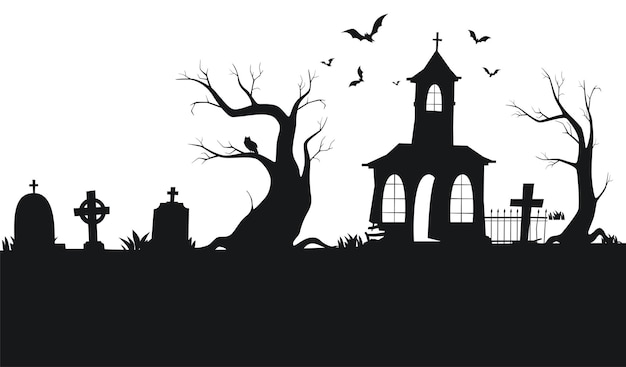 Panorama with scary silhouettes of trees graves and abandoned buildings Halloween background Vector illustration