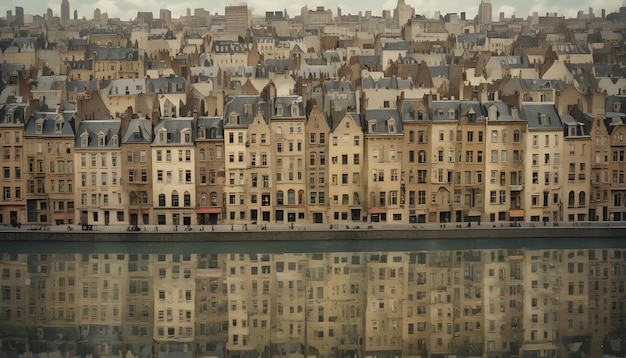 A panoramic image of a European city showcasing a row of buildings with their reflections in a body of water representing a cityscape with a sense of history and architecture