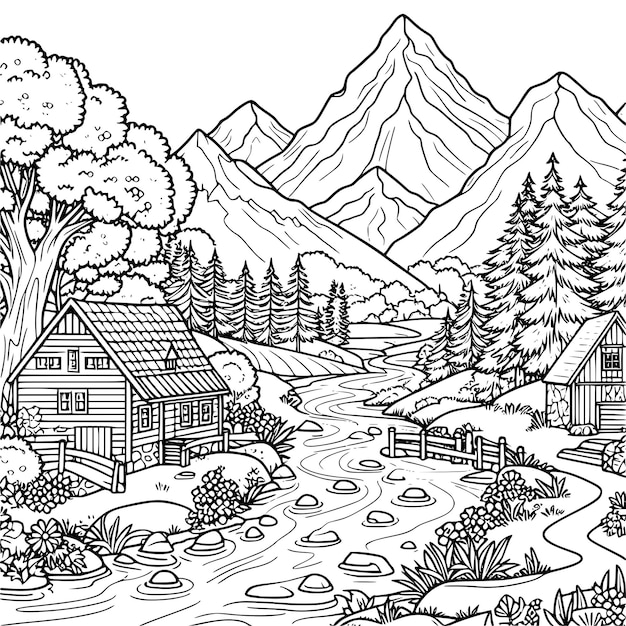 Vector panoramic landscape for coloring pages handdrawn black and white