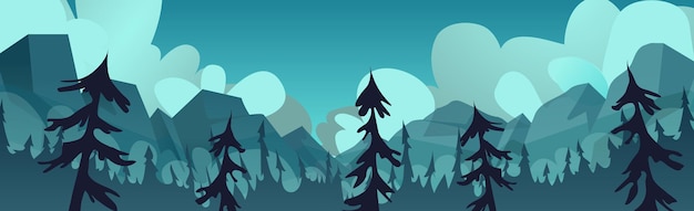 Panoramic mountain evening landscape on the background of a dense forest - Vector illustration