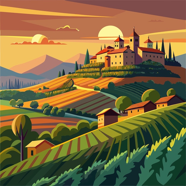 Vector panoramic sunset view of langhe vineyards in grinzane cavour piedmont italy europe