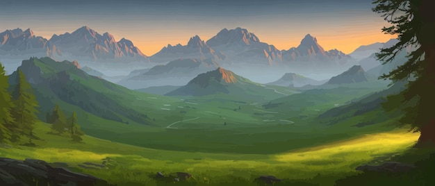 Panoramic view of big mountains beautiful green meadows flat cartoon landscape with nature summer or