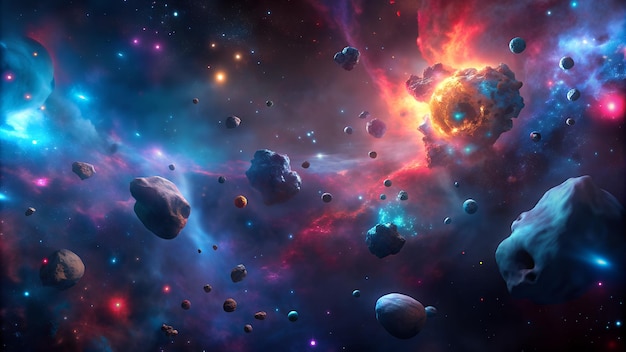 A panoramic view of a colorful outer space scene with a large asteroid in the center surrounded by smaller asteroids nebulae stars and planets