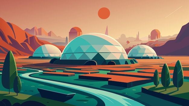 Vector a panoramic view of a distant planet reveals lush fields of alien crops their vibrant colors in