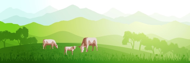 Panoramic view of green hills and mountains on sunny morning vector illustration