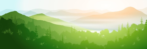 Panoramic view of green hills and mountains on sunny morning