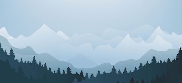 Panoramic view of the mountain landscape and fur tree with gradient mesh vector illustration