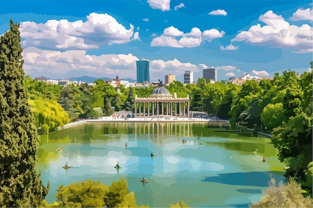 Vector panoramic view of retiro park madrid spain single clip