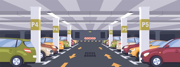 Panoramic view of urban underground car park full of parked autos. Basement garage interior with markings, signs, columns and reserved parking lots. Colored flat vector illustration.