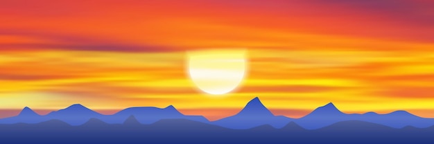 Panoramic view with the sun setting in the mountains