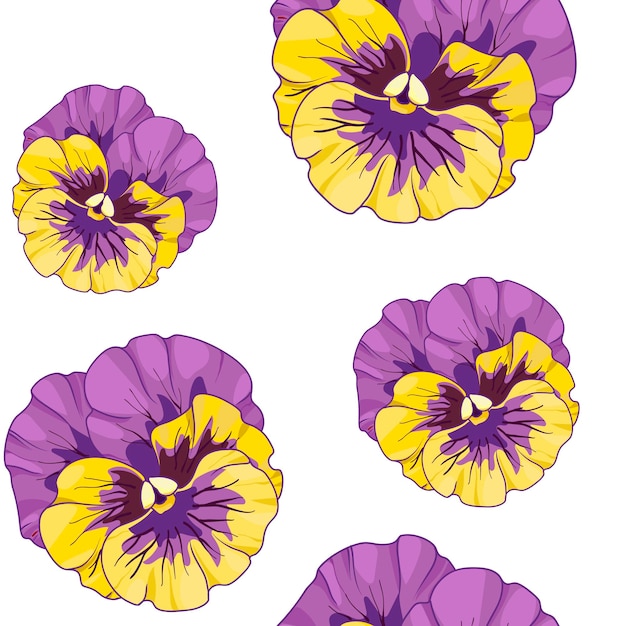 Vector pansies floral seamless pattern vector illustration viola yellow and purple flowers green leaves