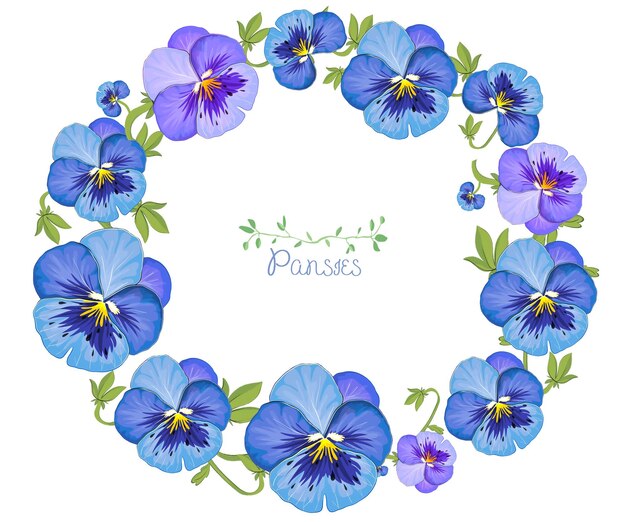 Vector pansies forgetmenots spring garden flowers and plants blue petals and buds on a white backgroun