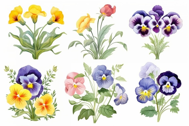 Vector pansies in watercolor set