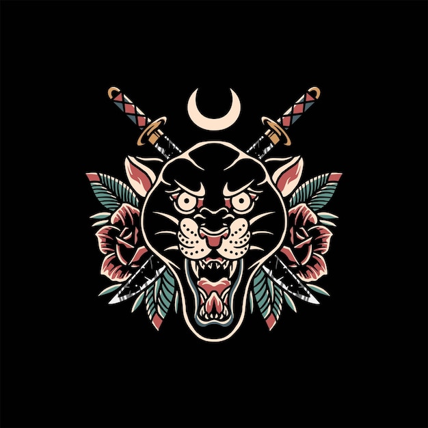 panther and swords tattoo vector design