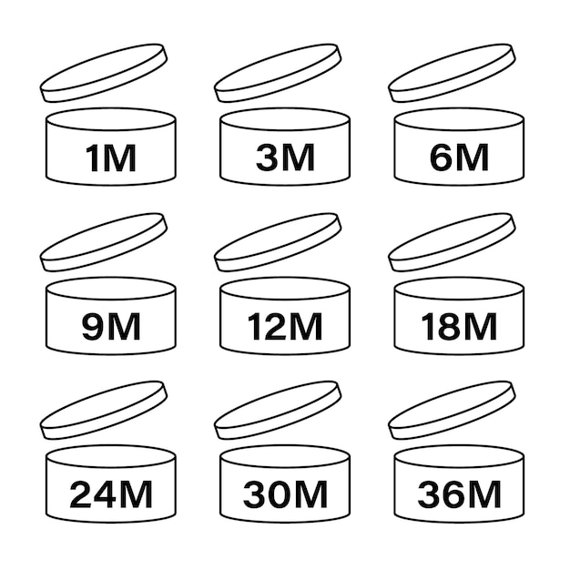 Pao cosmetic icons set marks of period after opening  expiration time after package opened white lab...