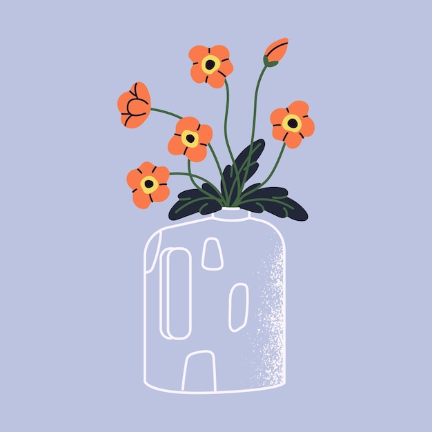 Papaver bouquet in modern pottery vase Cut orange poppy in ceramic pot Wildflowers meadow flowers with green leaves Wild bloom plants in interior decoration Flat isolated vector illustration